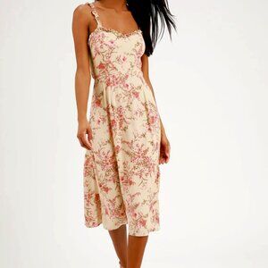 Lulus Sunny Meadow Peach Floral Print Tie-Back Midi Dress